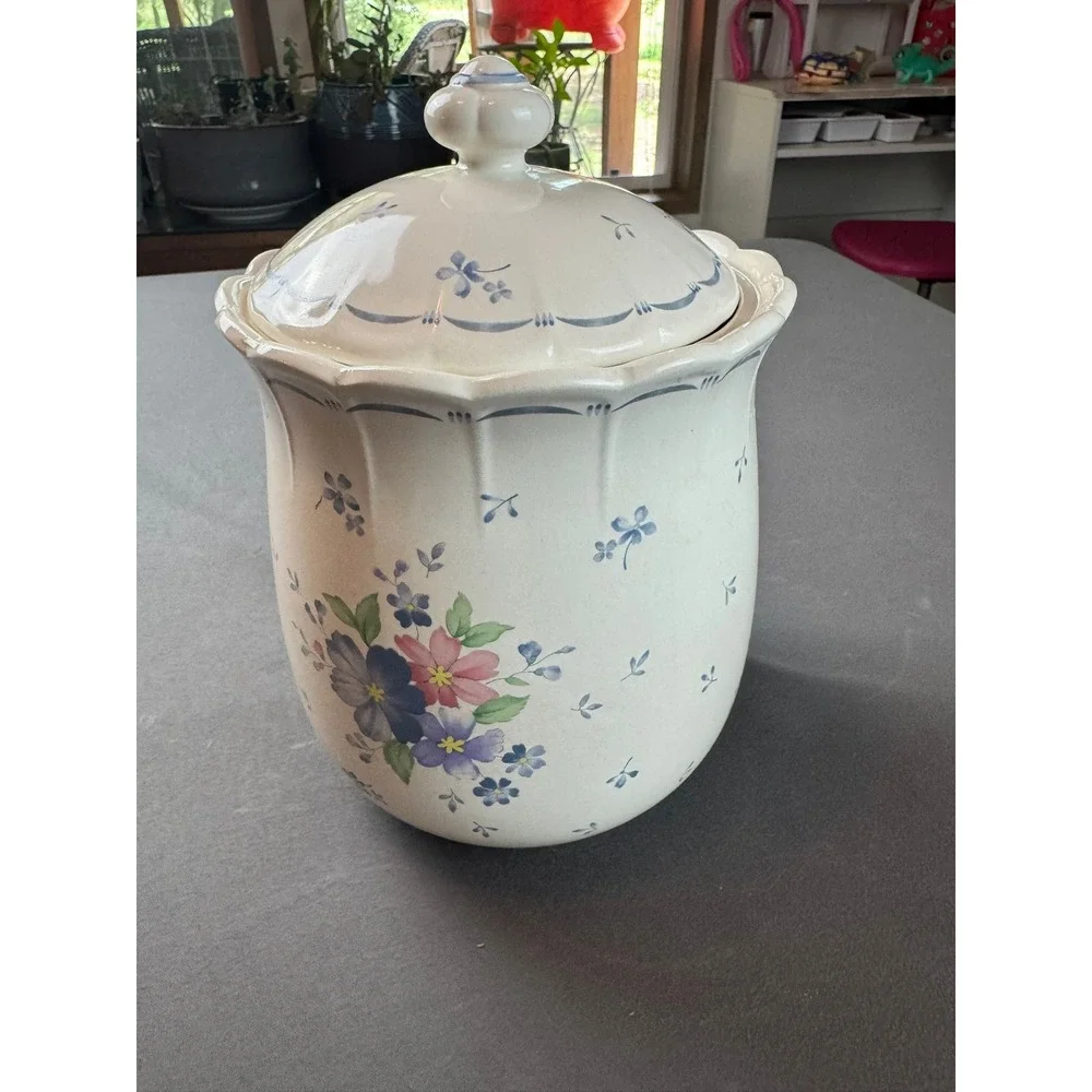 Vintage Japan Blue Floral Cookie Jar Lid Pottery Ceramic - 8.5